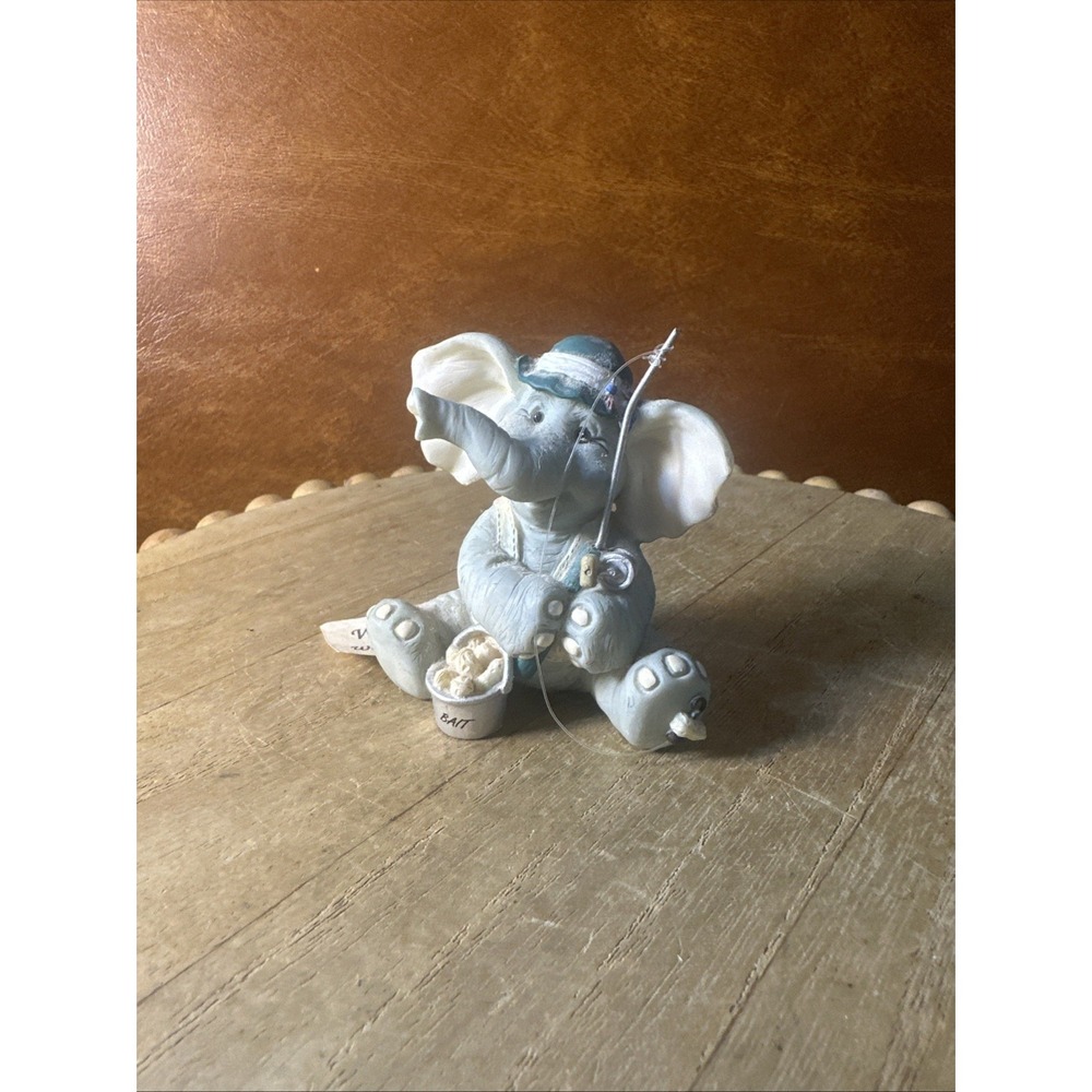 Vintage Forget Me Knots Elephant w/fishing Pole, And Bait "Wishing I Was Fishing